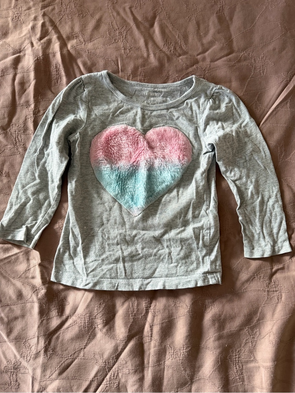 Carter's Gray Long-Sleeve Tee with Pink and Light Blue Fuzzy Heart
